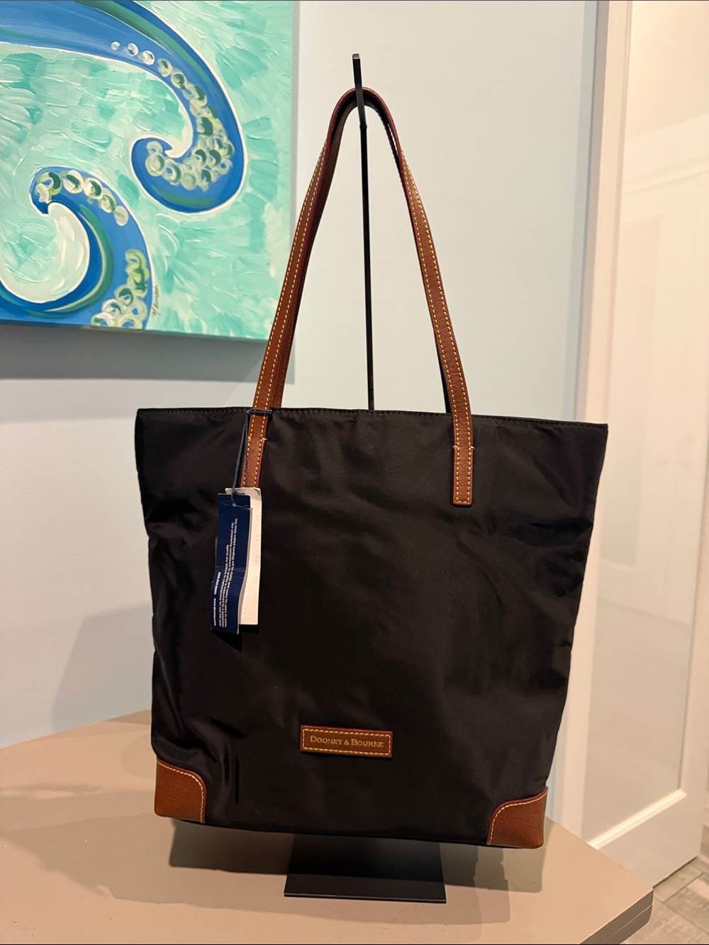 Dooney & Bourke Black Nylon Messenger Tote with Brown Leather Trim